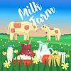 Пейзаж с двух коров и молочных продуктов на | Векторный клипарт