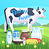 Пейзаж с коровьим и молочные продукты на переднем плане | Векторный клипарт