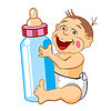 Рисунок мультяшный ребенок улыбается с бутылкой молока | Векторный клипарт