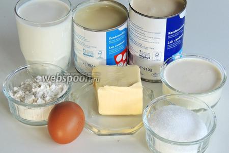 Подготовим ингредиенты: масло комнатной температуры, муку с разрыхлителем, яйца, сахар и ванильный сахар, сливки жирностью 35%, молоко, концентрированное молоко (топлёное) и сгущённое молоко. 